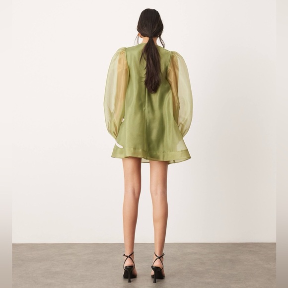 ASOS Edition Applique Floral Volume Sleeve A-Line Mini Dress Olive Pink Sz 6 NWT - Picture 3 of 12